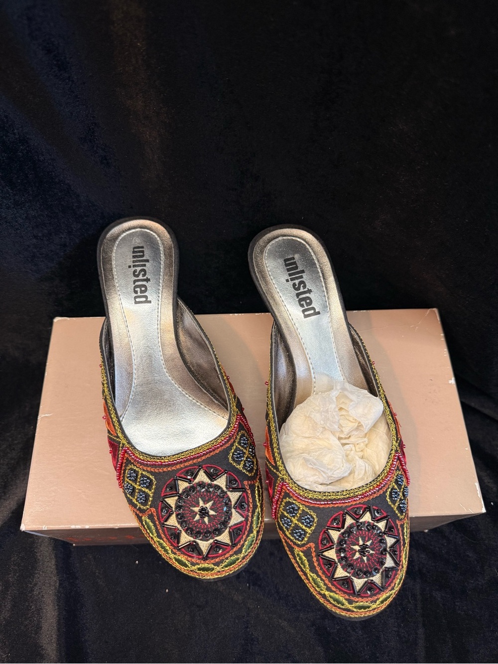 Unlisted Red Multicolor Beaded Embroidered Slip-On Mules